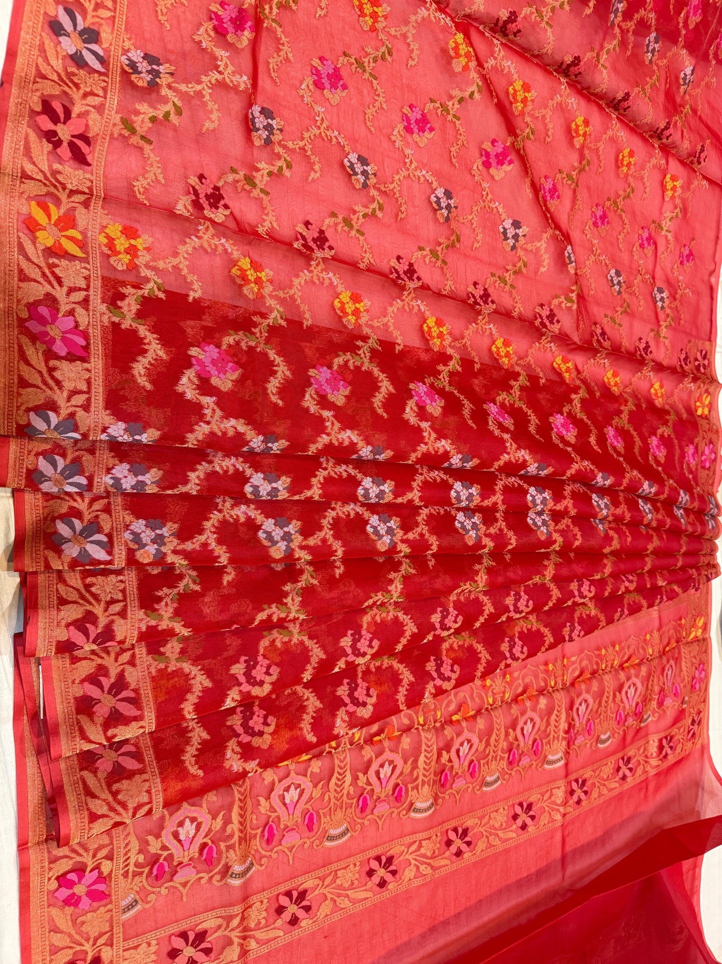 Red Ektra kora silk Jamdani katwork Zari Border Anchal Mina Work Saree