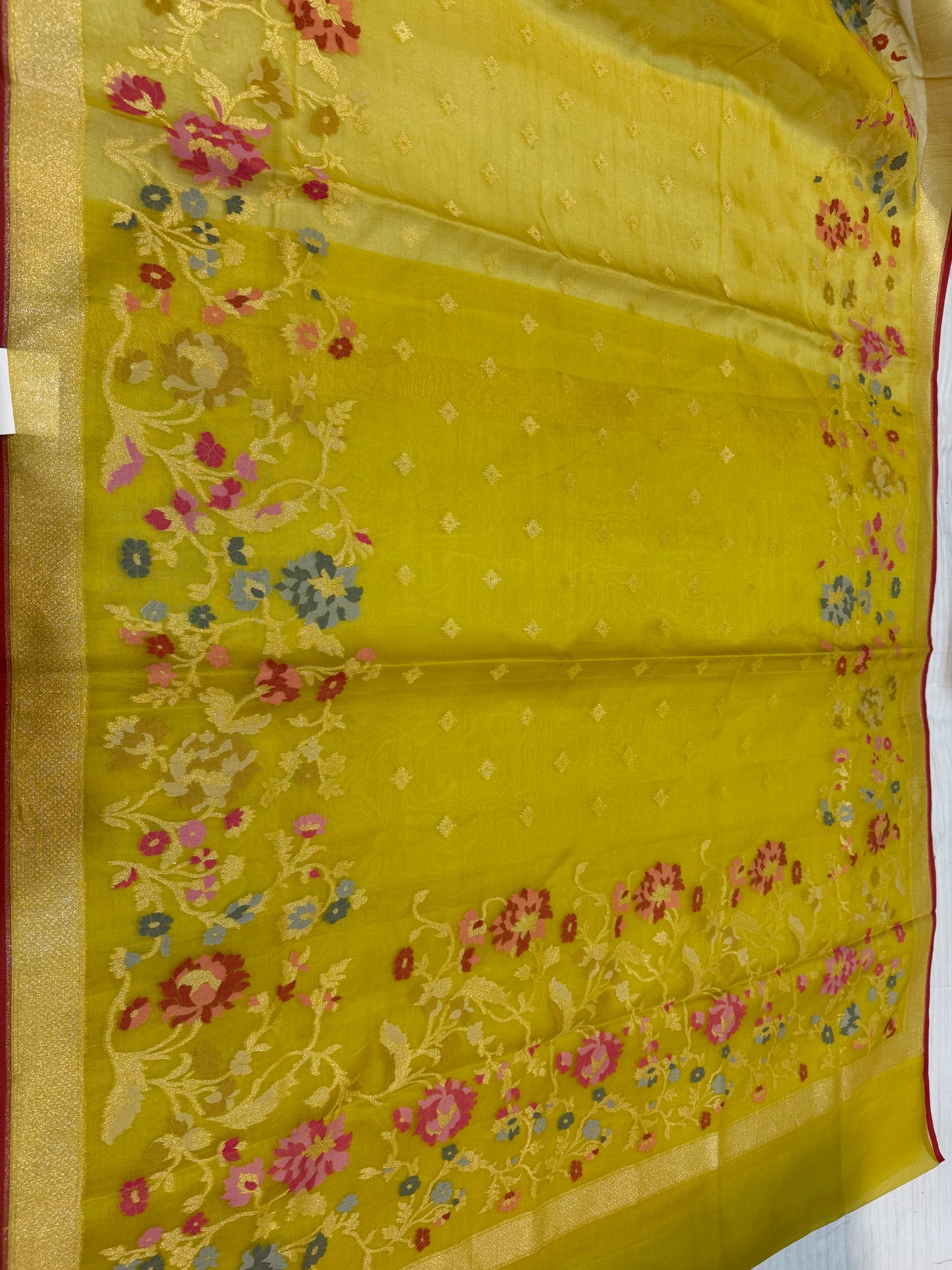 Musterd yellow Ektra kora silk Jamdani katwork Zari Border Anchal Mina Work Saree