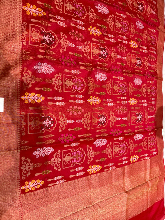 Red Ektra kora silk Jamdani katwork Zari Border Anchal Mina Work Saree