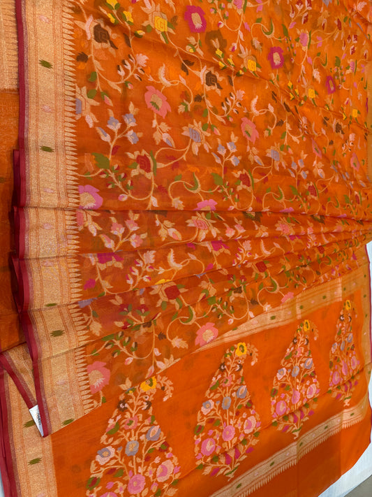 Orange Ektra kora silk Jamdani katwork Zari Border Anchal Mina Work Saree