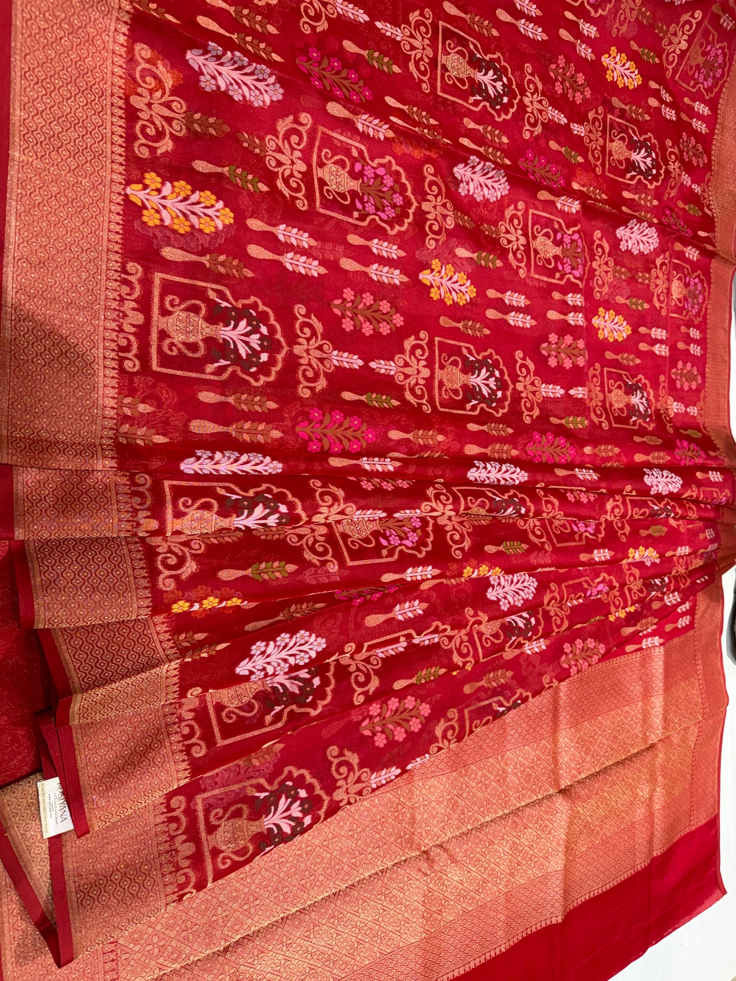 Red Ektra kora silk Jamdani katwork Zari Border Anchal Mina Work Saree