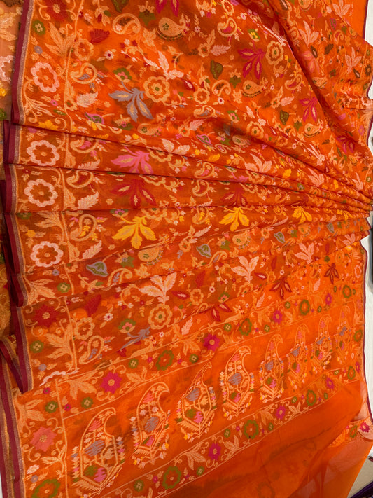 Orange Ektra kora silk Jamdani katwork Zari Border Anchal Mina Work Saree