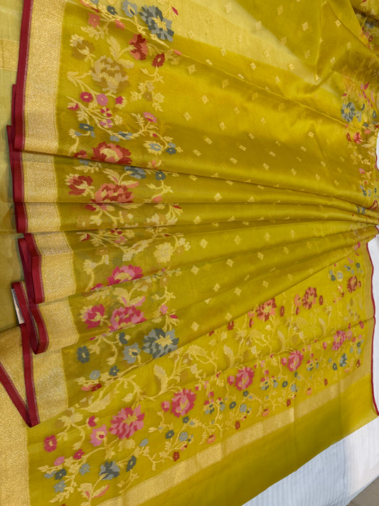 Musterd yellow Ektra kora silk Jamdani katwork Zari Border Anchal Mina Work Saree