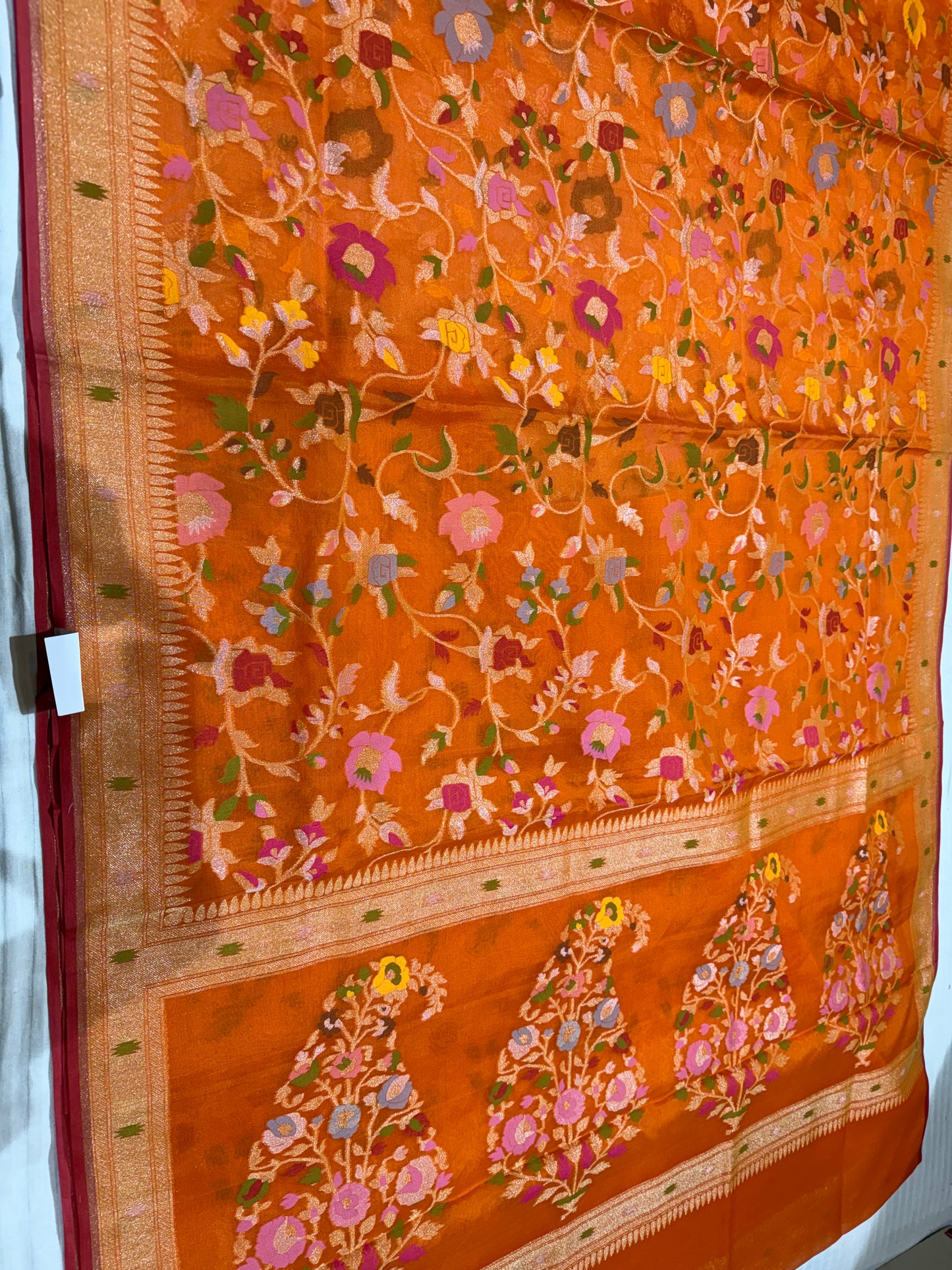 Orange Ektra kora silk Jamdani katwork Zari Border Anchal Mina Work Saree