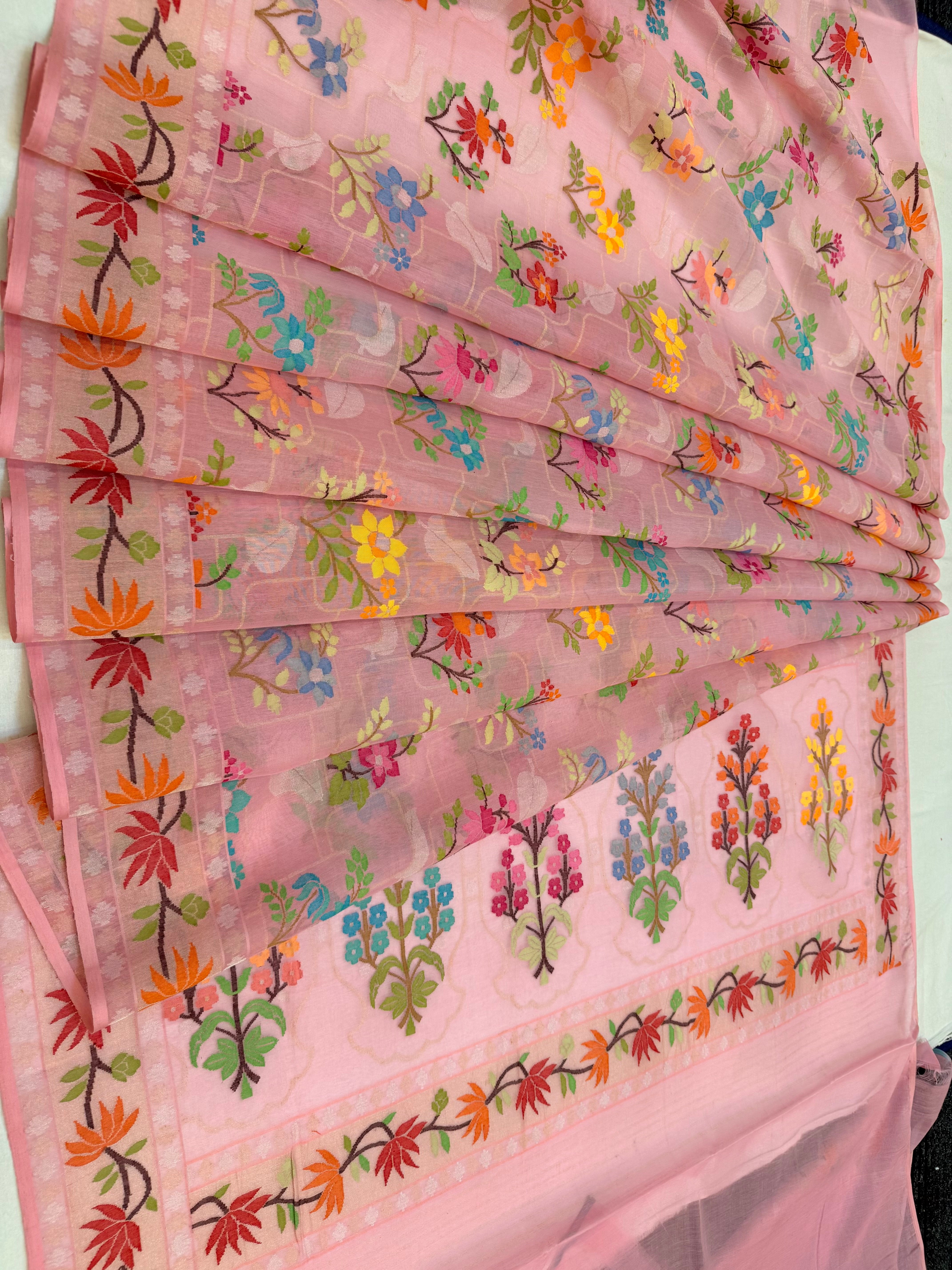 Pinkish Pink Pure Real Zari Cotton Jamdani Saree with Floral Weaving