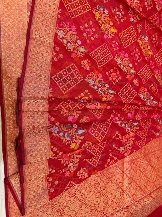 Red Ektra kora silk Jamdani katwork Zari Border Anchal Mina Work Saree