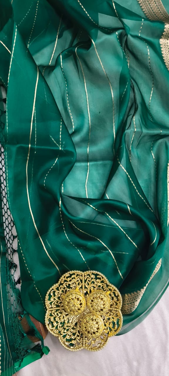 Bottal Green Kora Silk Kadhua Polka Peshwari strip with Sona Rupa zari