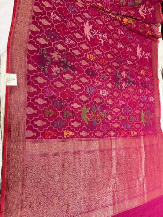Magenta Jamdani Kutwork Banarasi Zari Border Jaal Mina Saree