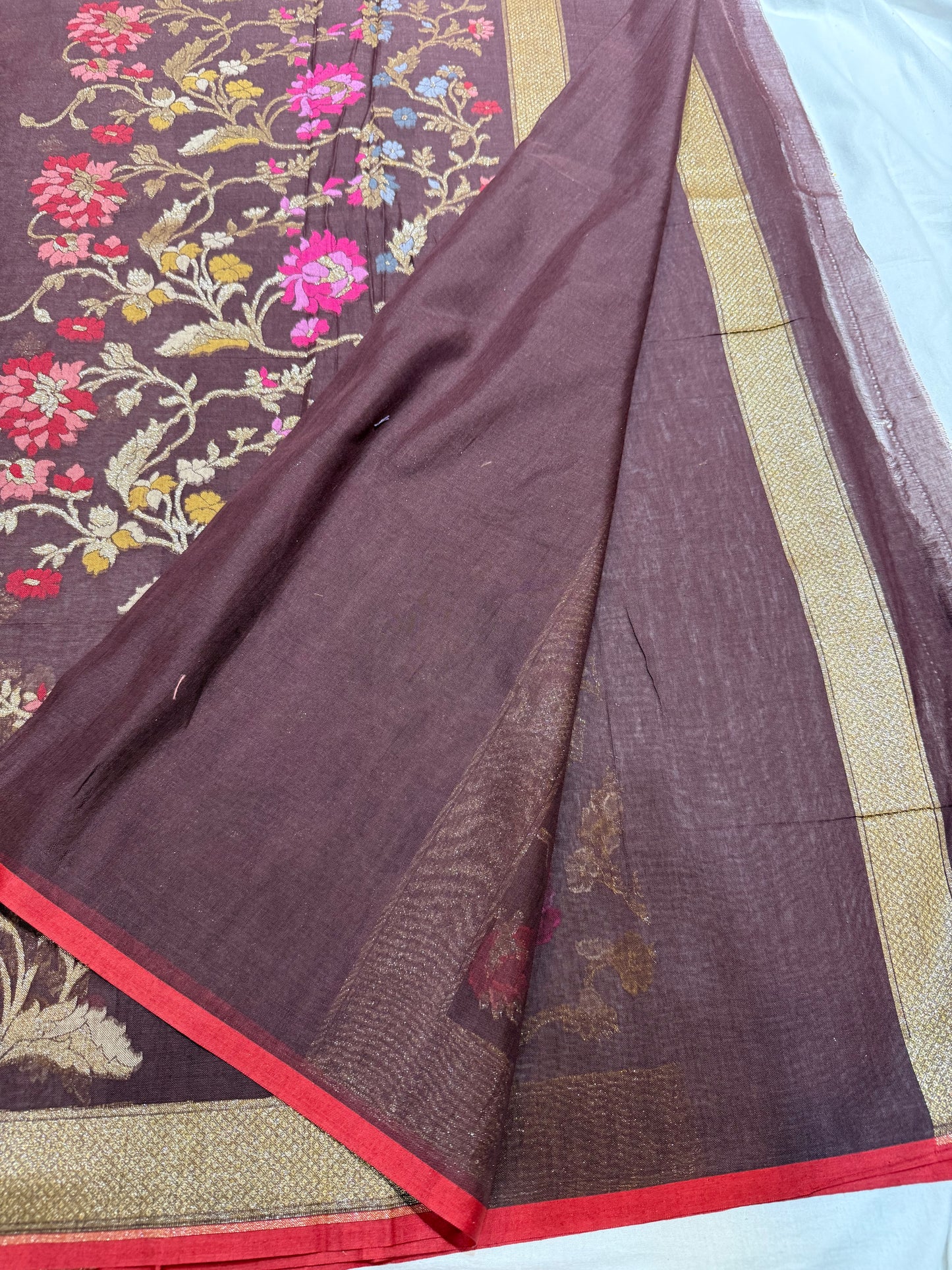 Brown Jamdani Kutwork Zari Mina Border Mina Jaal Design Saree