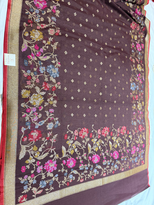 Brown Jamdani Kutwork Zari Mina Border Mina Jaal Design Saree