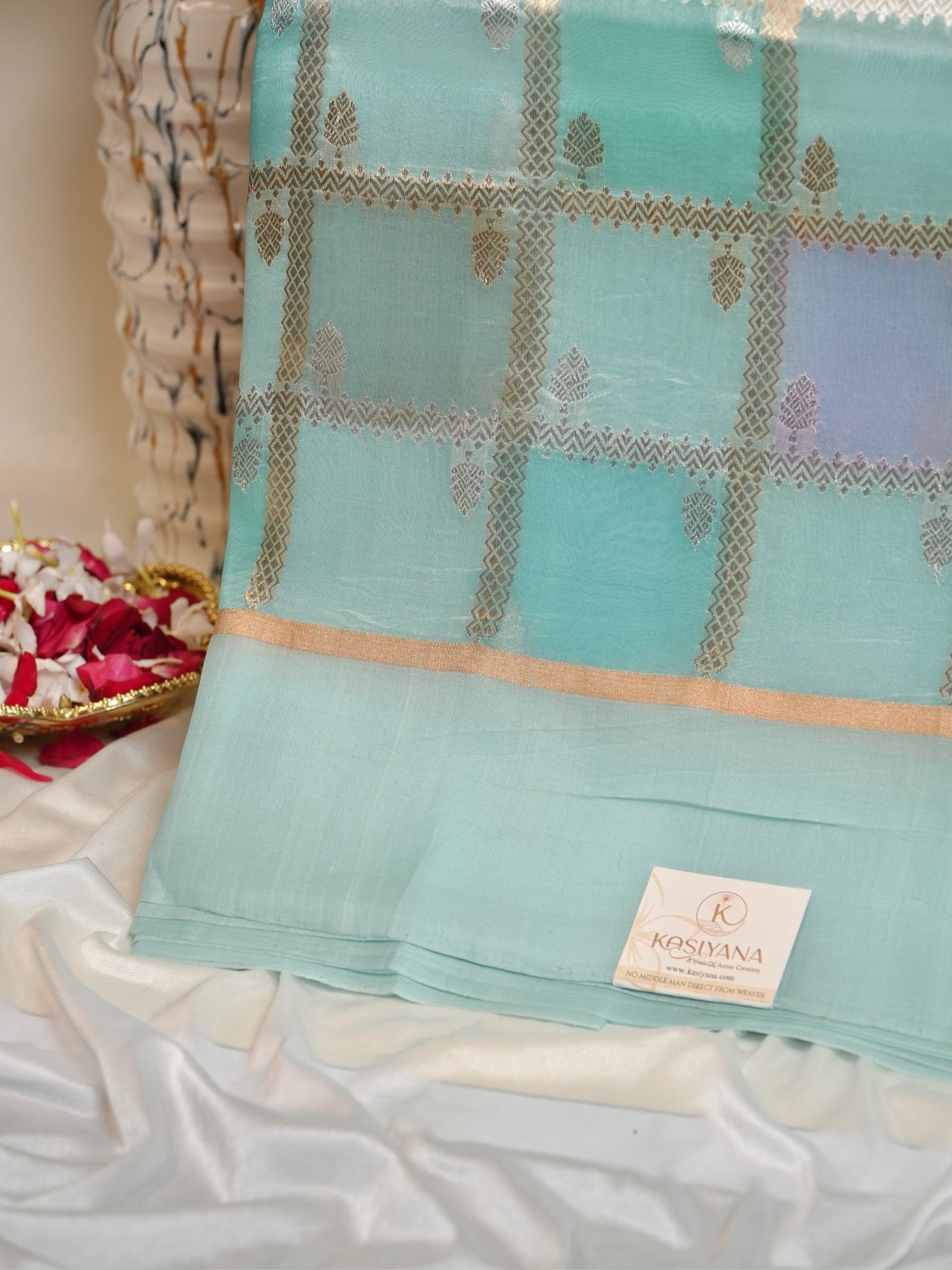 Sea Blue Handwoven Rangkaat Kora Silk Saree