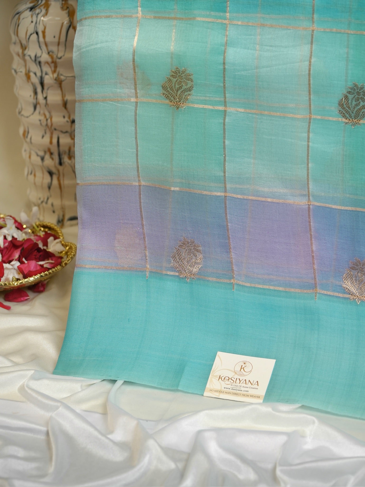 Sea Blue Handwoven Rangkaat Kora Silk Saree