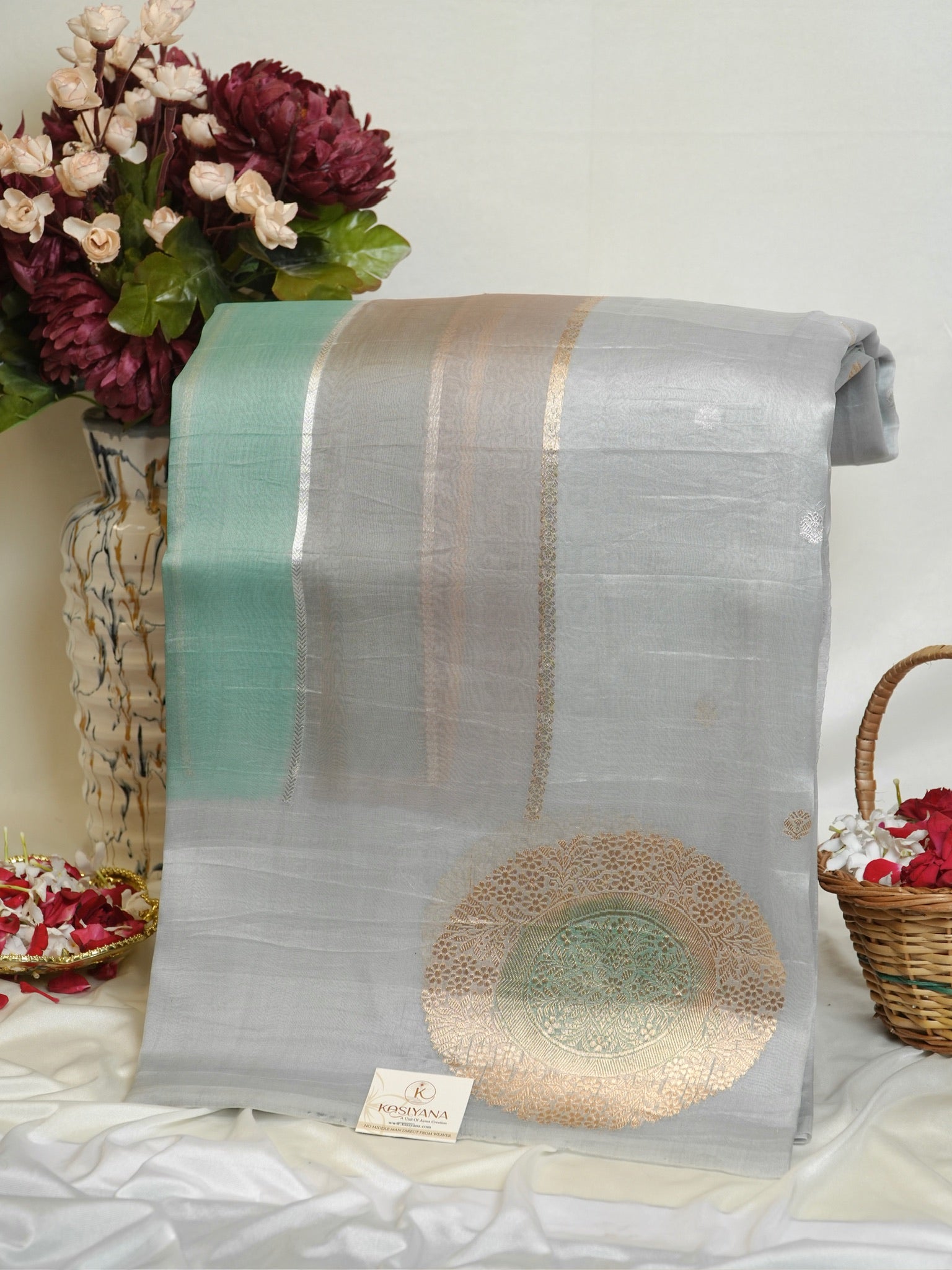 Grey Handwoven Rangkaat Kora Silk Saree