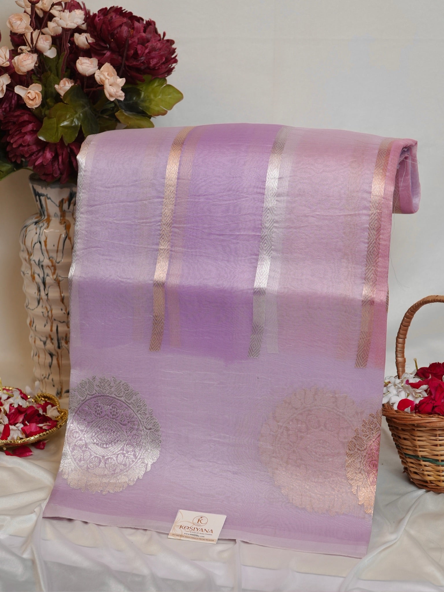 Lavender Handwoven Rangkaat Kora Silk Saree