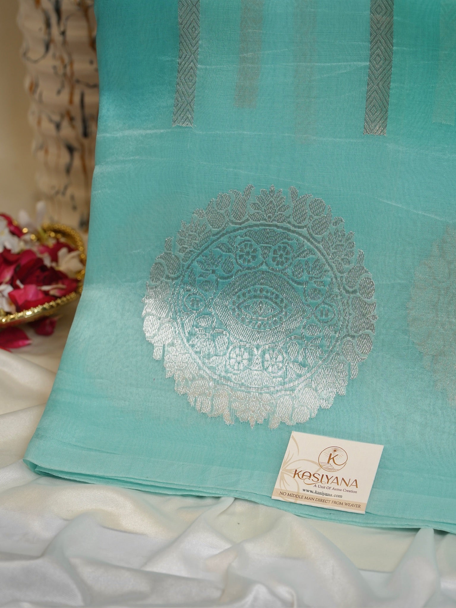 Sea Blue Handwoven Rangkaat Kora Silk Saree