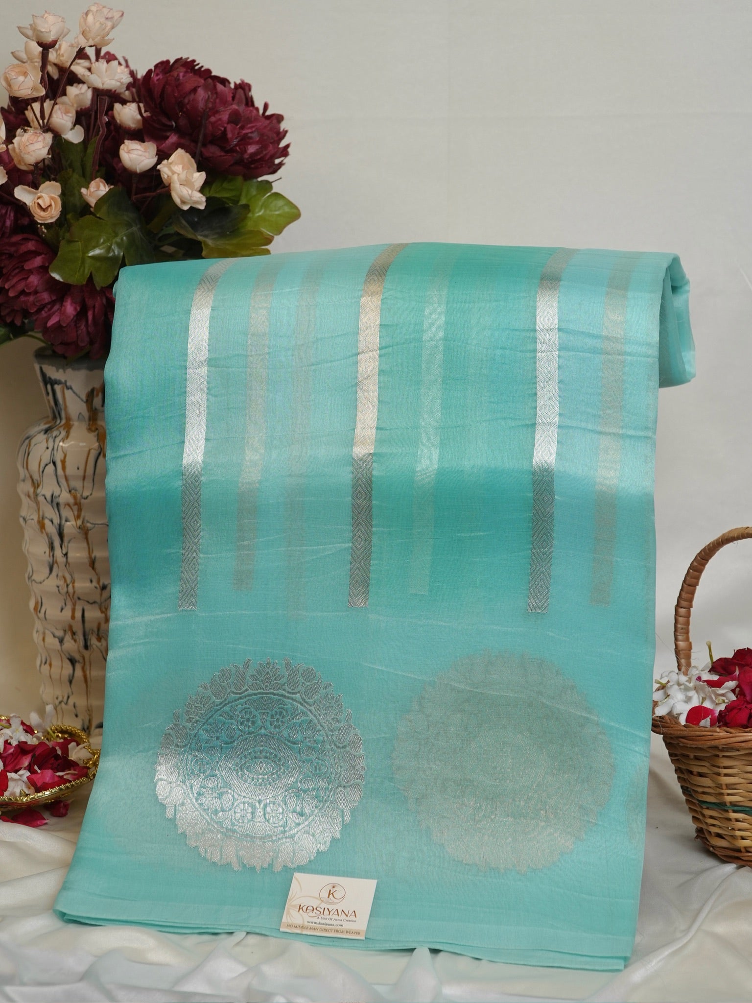 Sea Blue Handwoven Rangkaat Kora Silk Saree