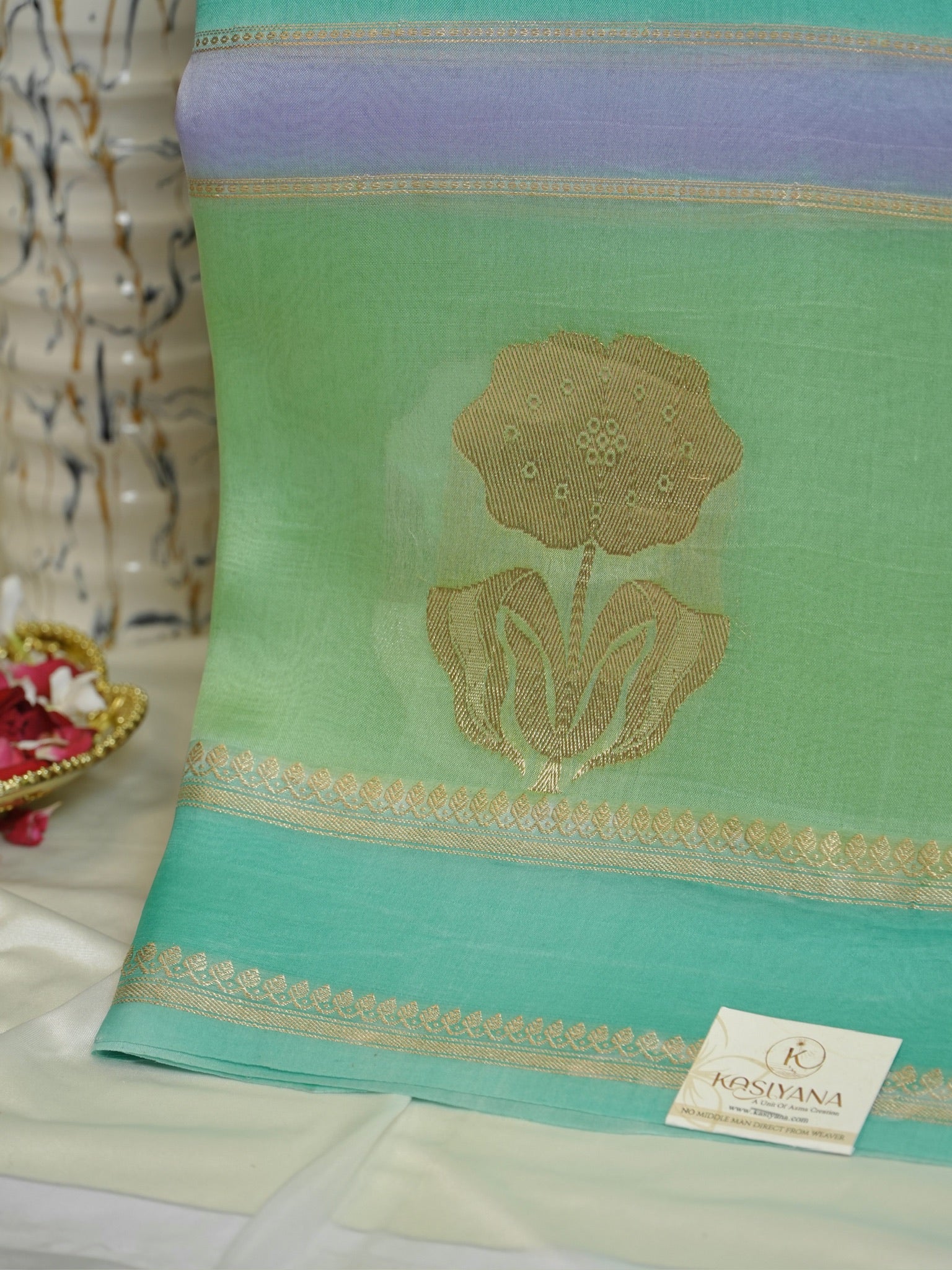 Sea Blue Handwoven Rangkaat Kora Silk Saree