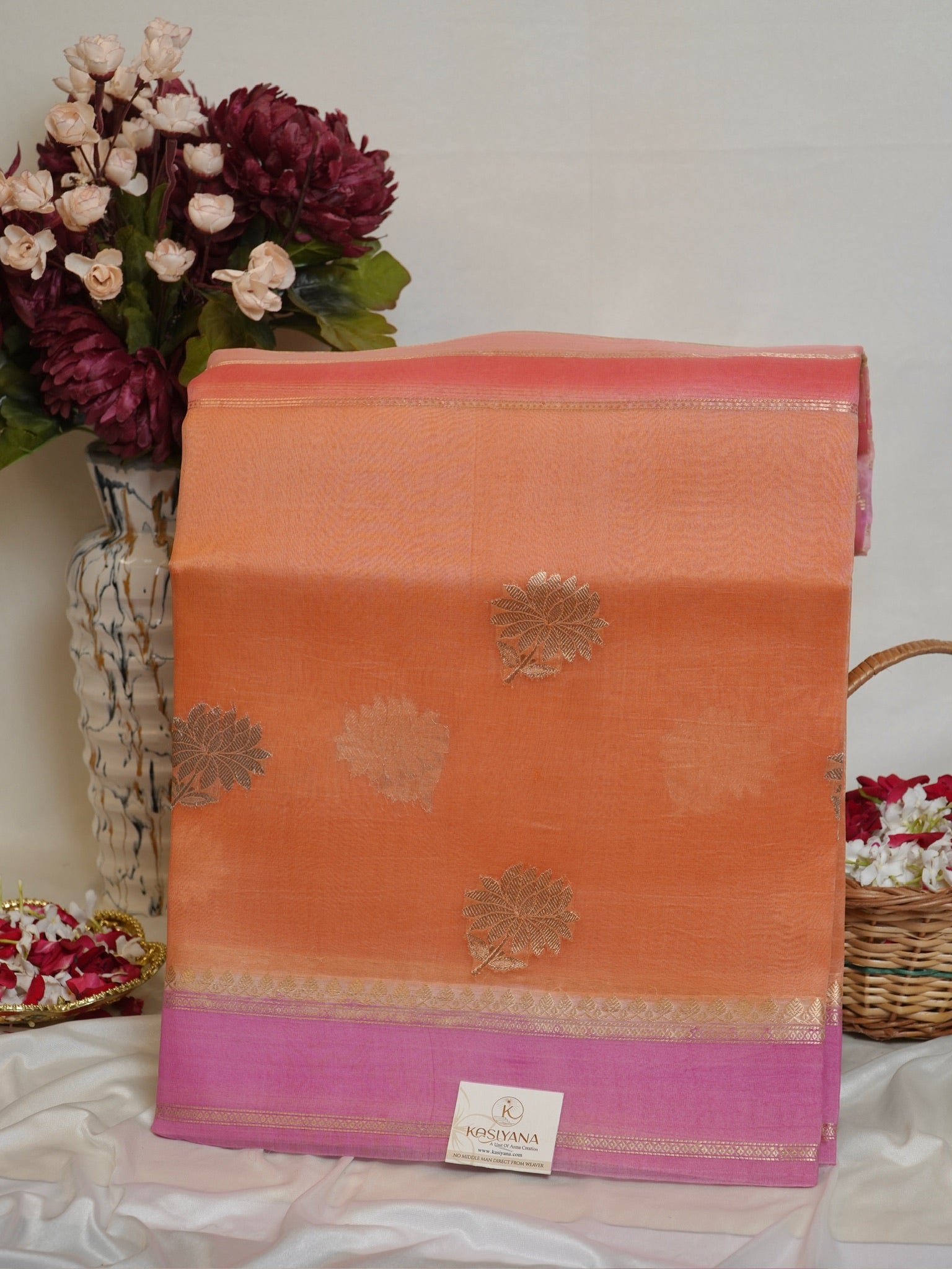 Peach Handwoven Rangkaat Kora Silk Saree