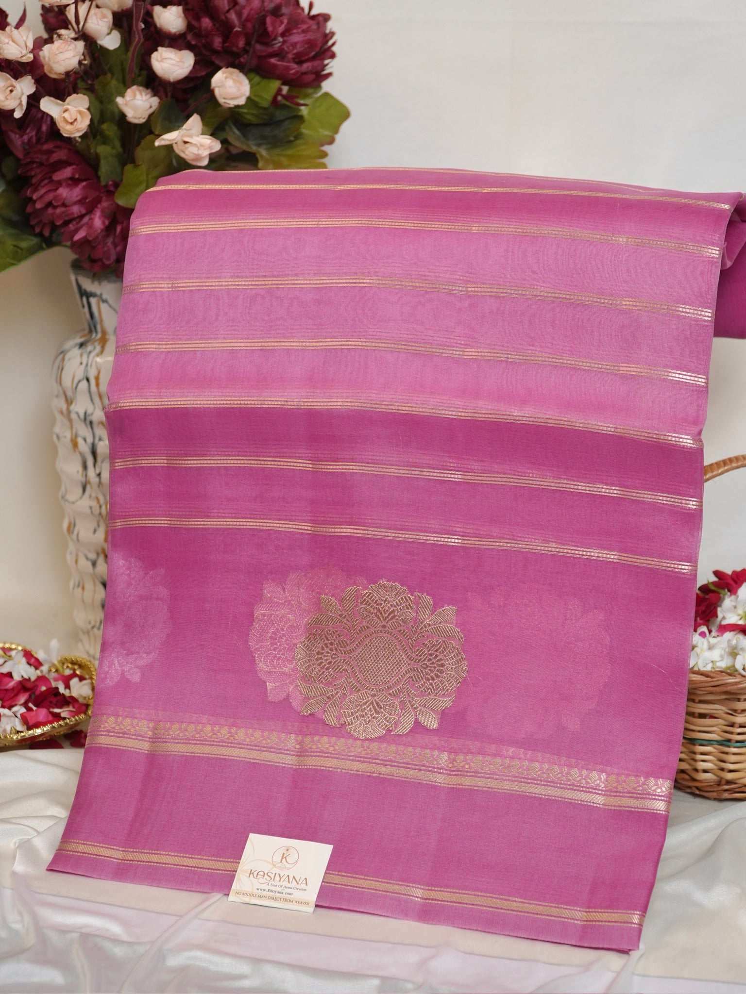 Pink Handwoven Kora Silk Saree
