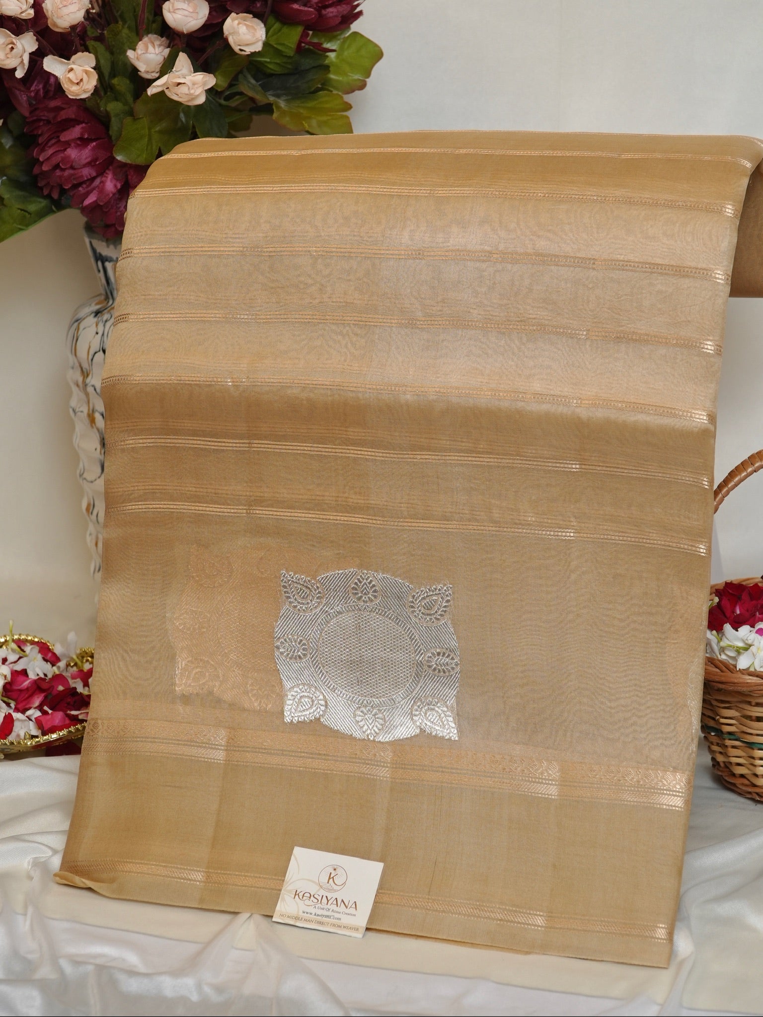 Champagne Gold Handwoven Kora Silk Saree