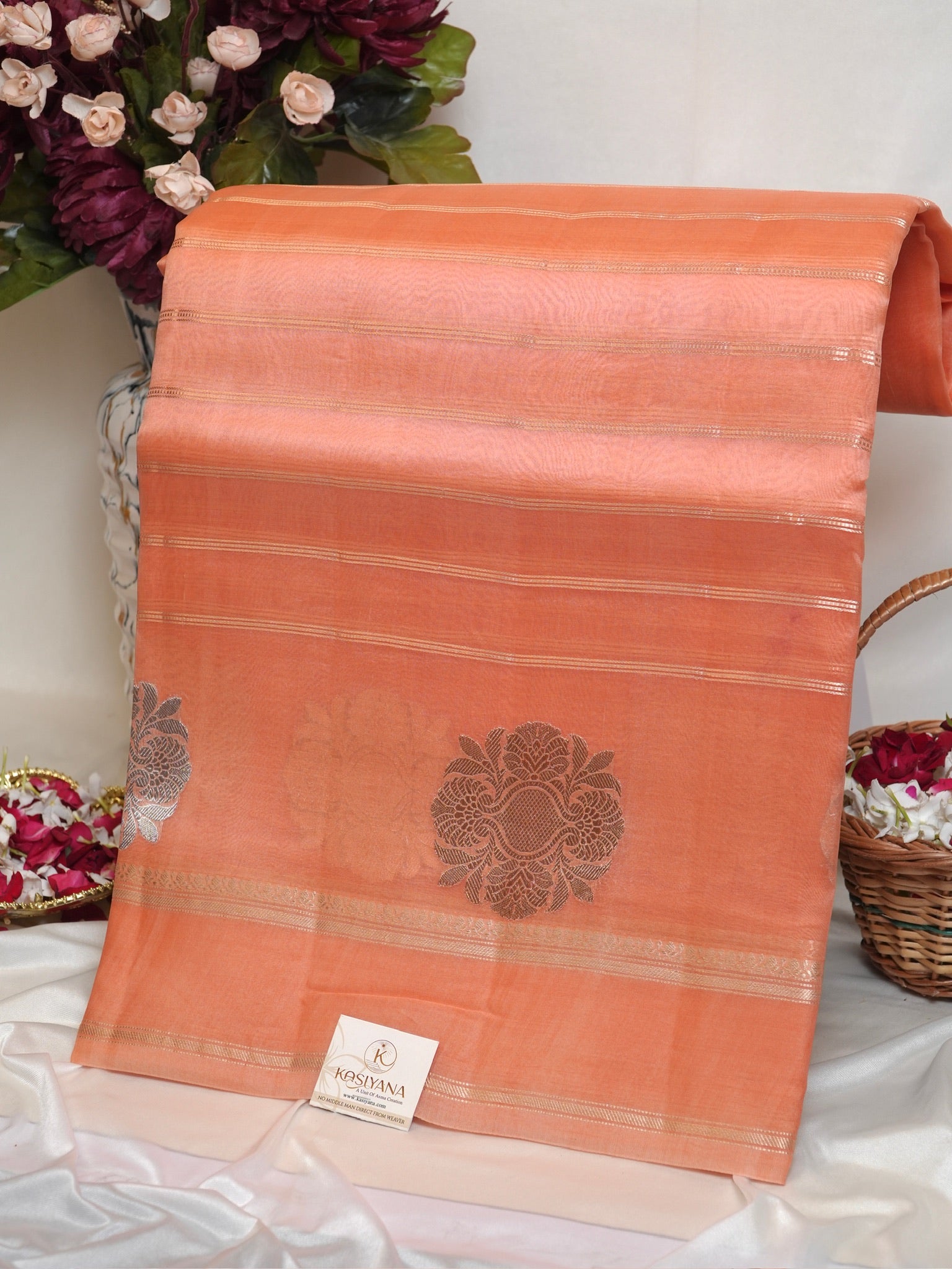 Peach Handwoven Kora Silk Saree