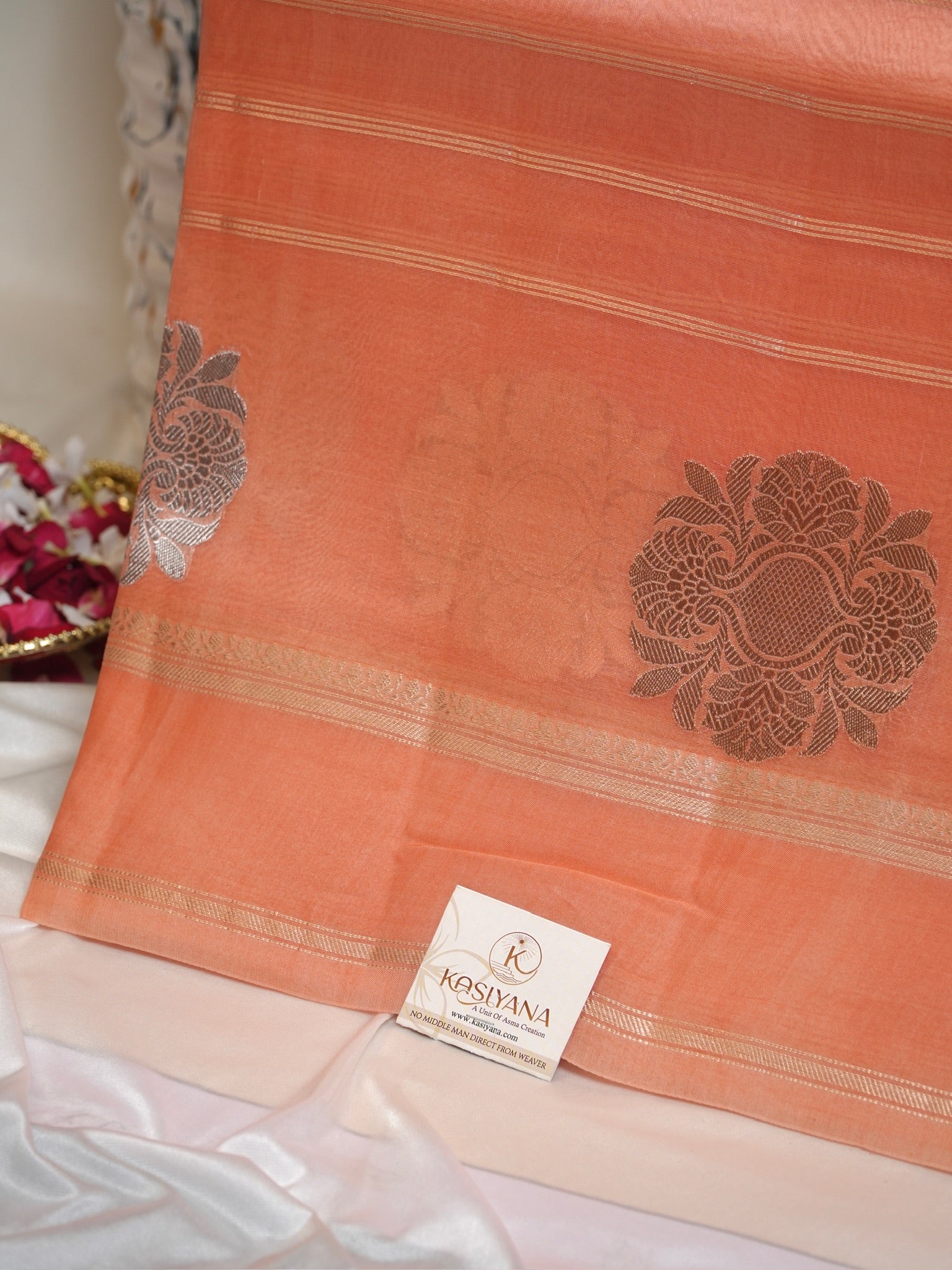 Peach Handwoven Kora Silk Saree