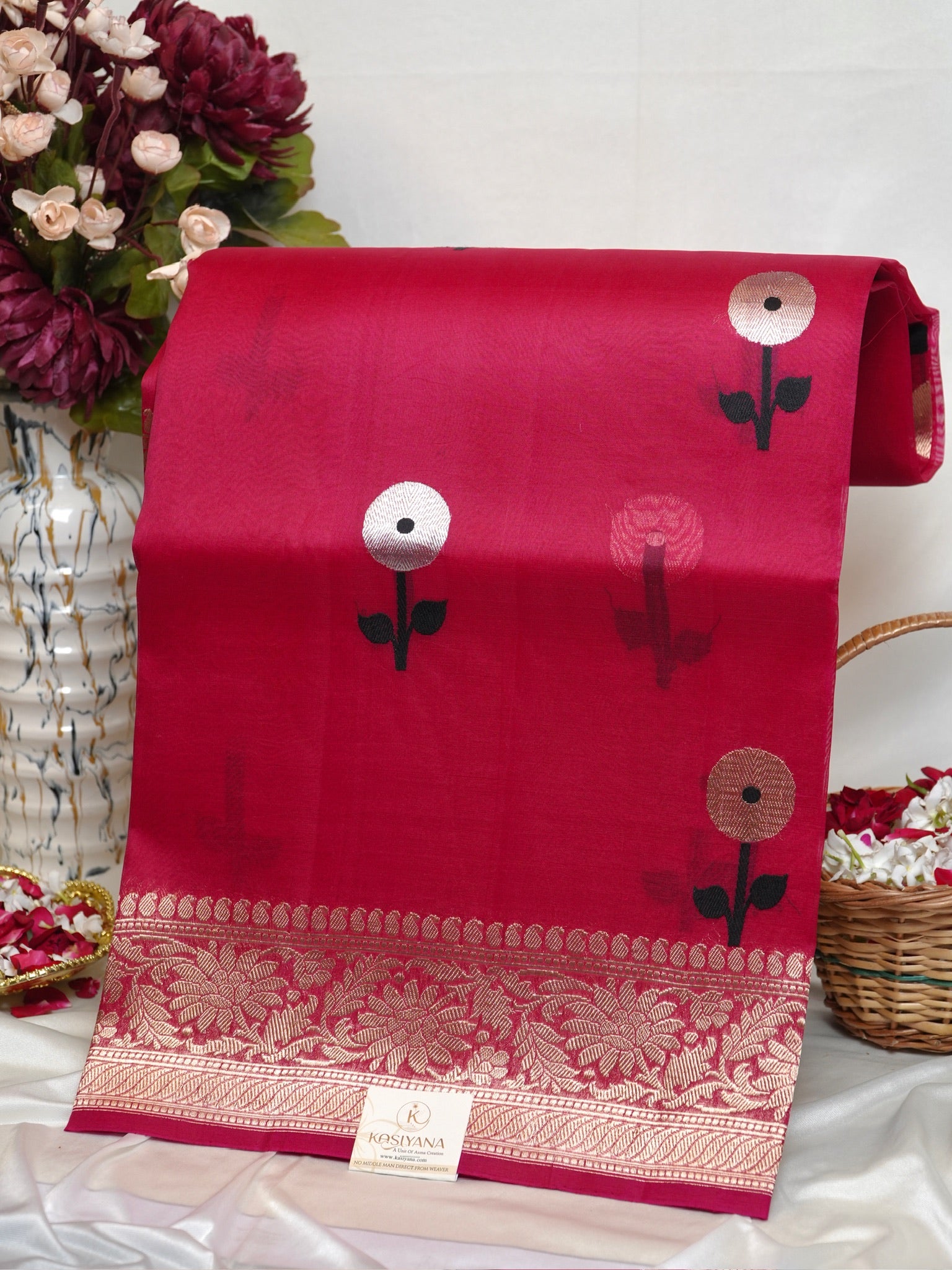 Apple Red Handwoven Kora Silk Saree