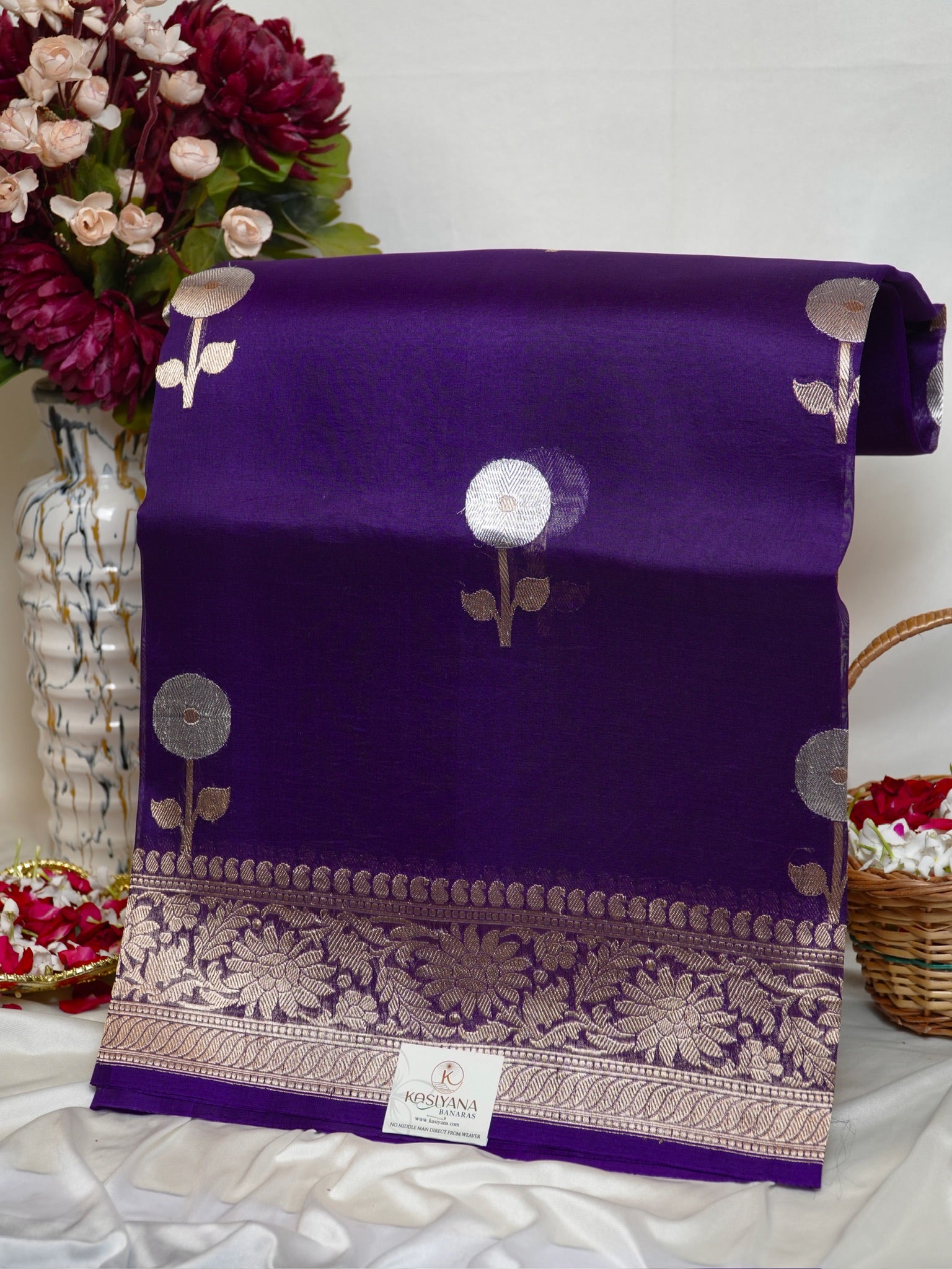 Purple Handwoven Kora Silk Saree