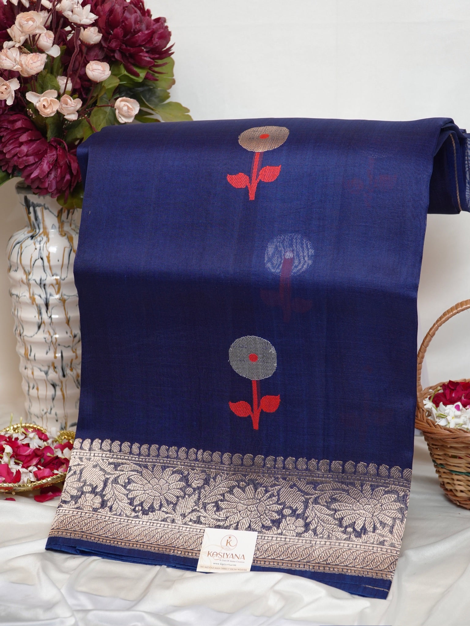 Ink Blue Handwoven Kora Silk Saree