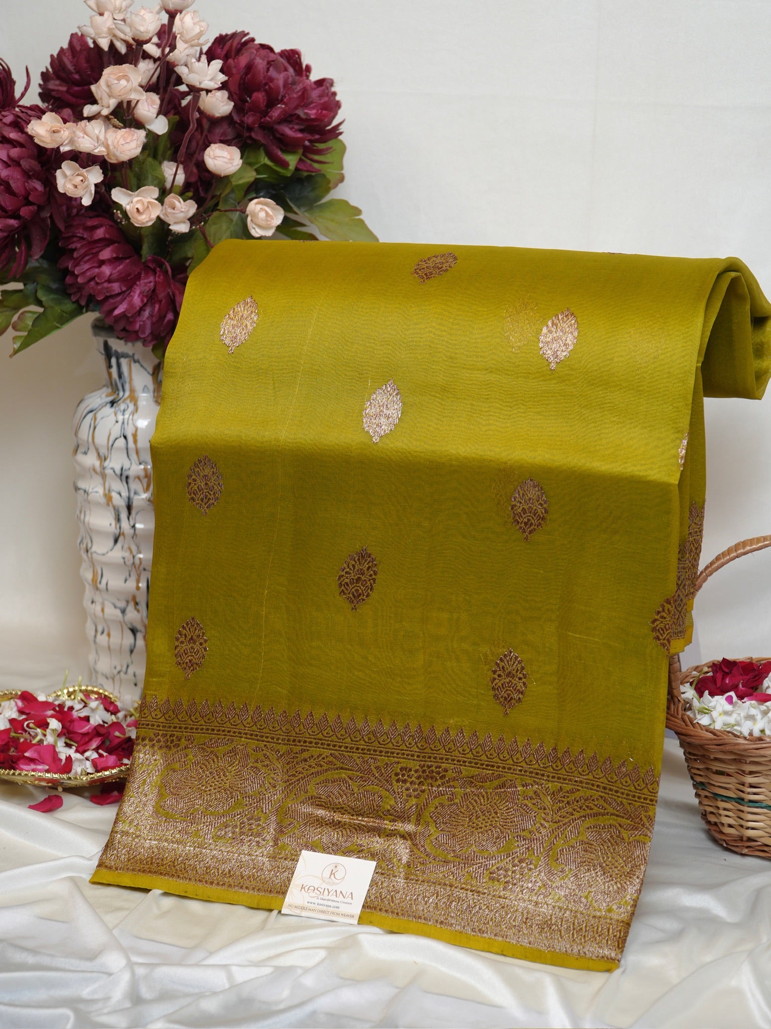 Lemon Yellow Handwoven Kora Silk Saree