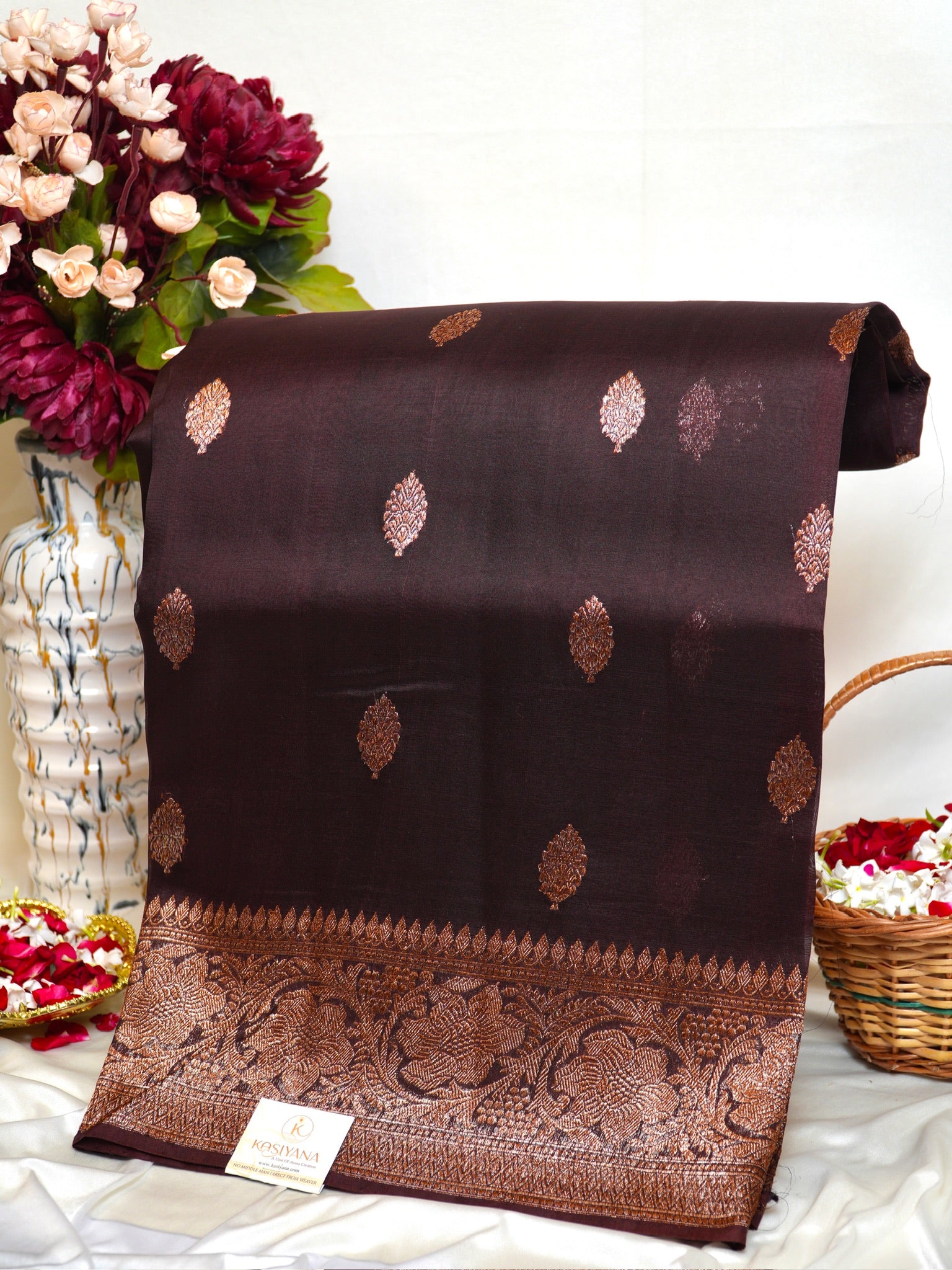 Brown Handwoven Kora Silk Saree