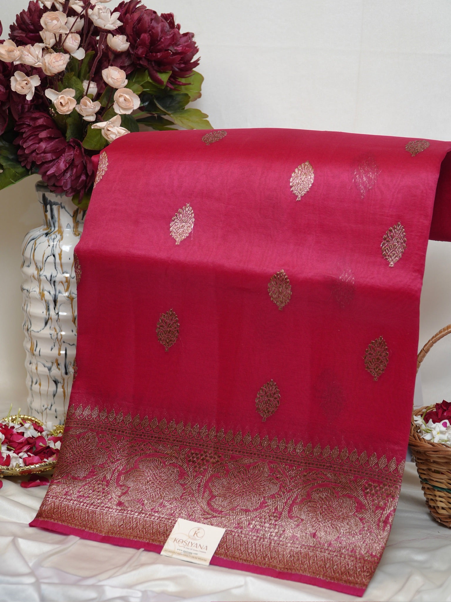 Berry Pink Handwoven Kora Silk Saree