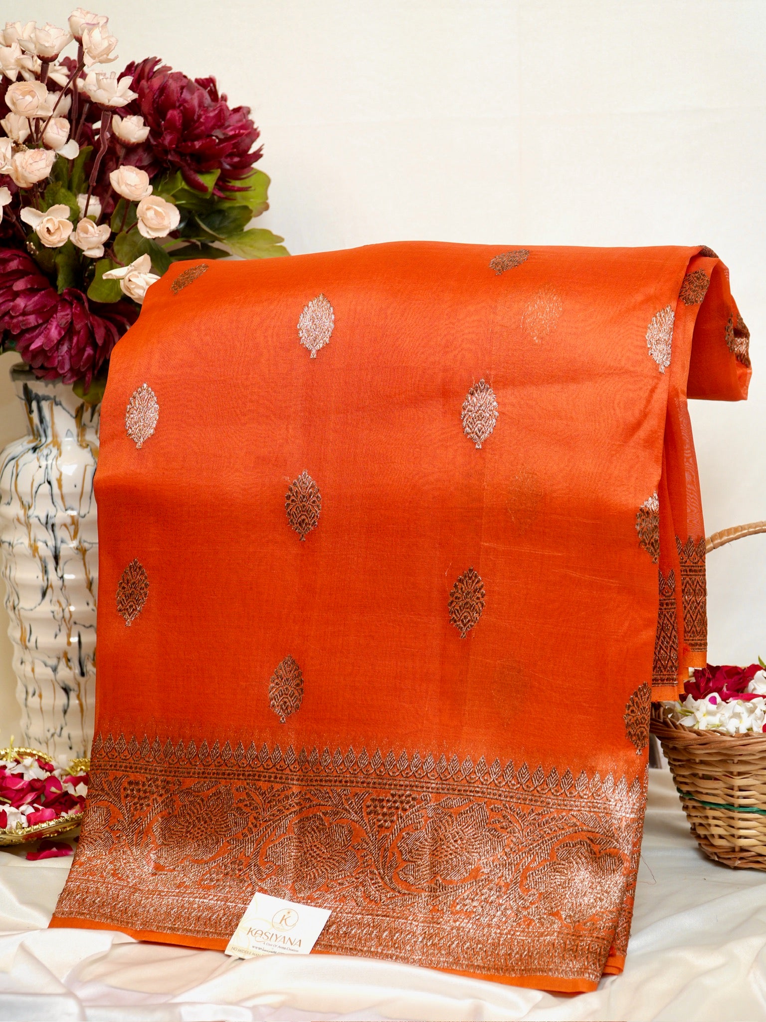 Orange Handwoven Kora Silk Saree
