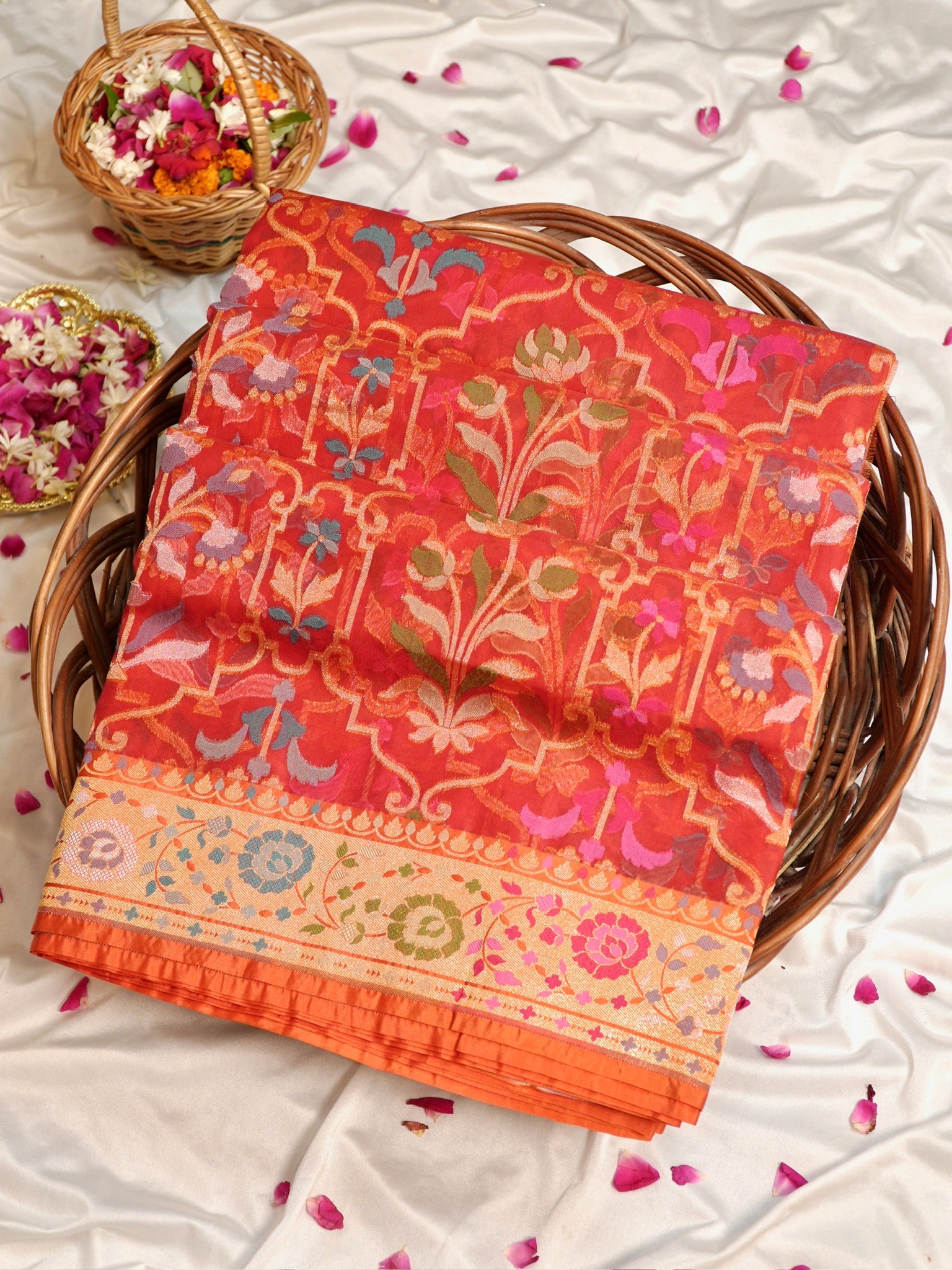 Rust Red Elegant Kora Jamdani Silk Saree | Handwoven Floral Zari Work
