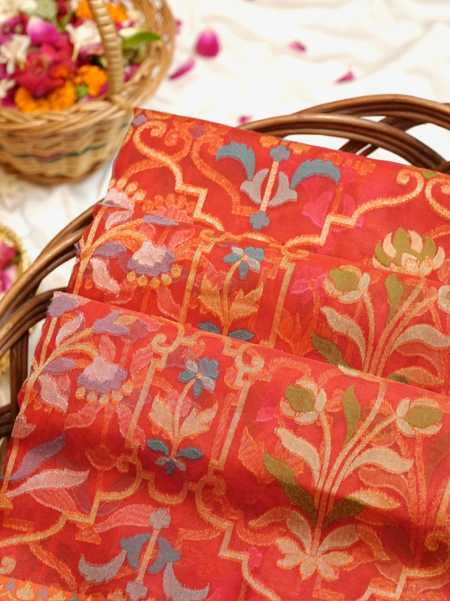 Rust Red Elegant Kora Jamdani Silk Saree | Handwoven Floral Zari Work