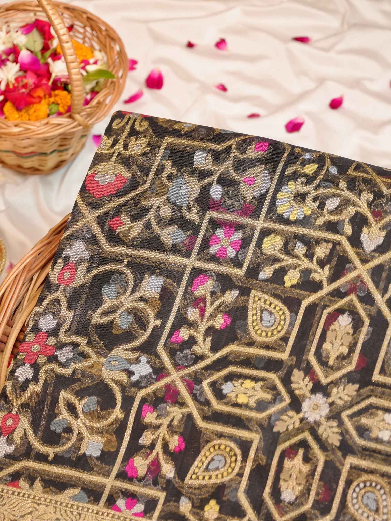 Black Elegant Kora Jamdani Silk Saree | Handwoven Floral Zari Work