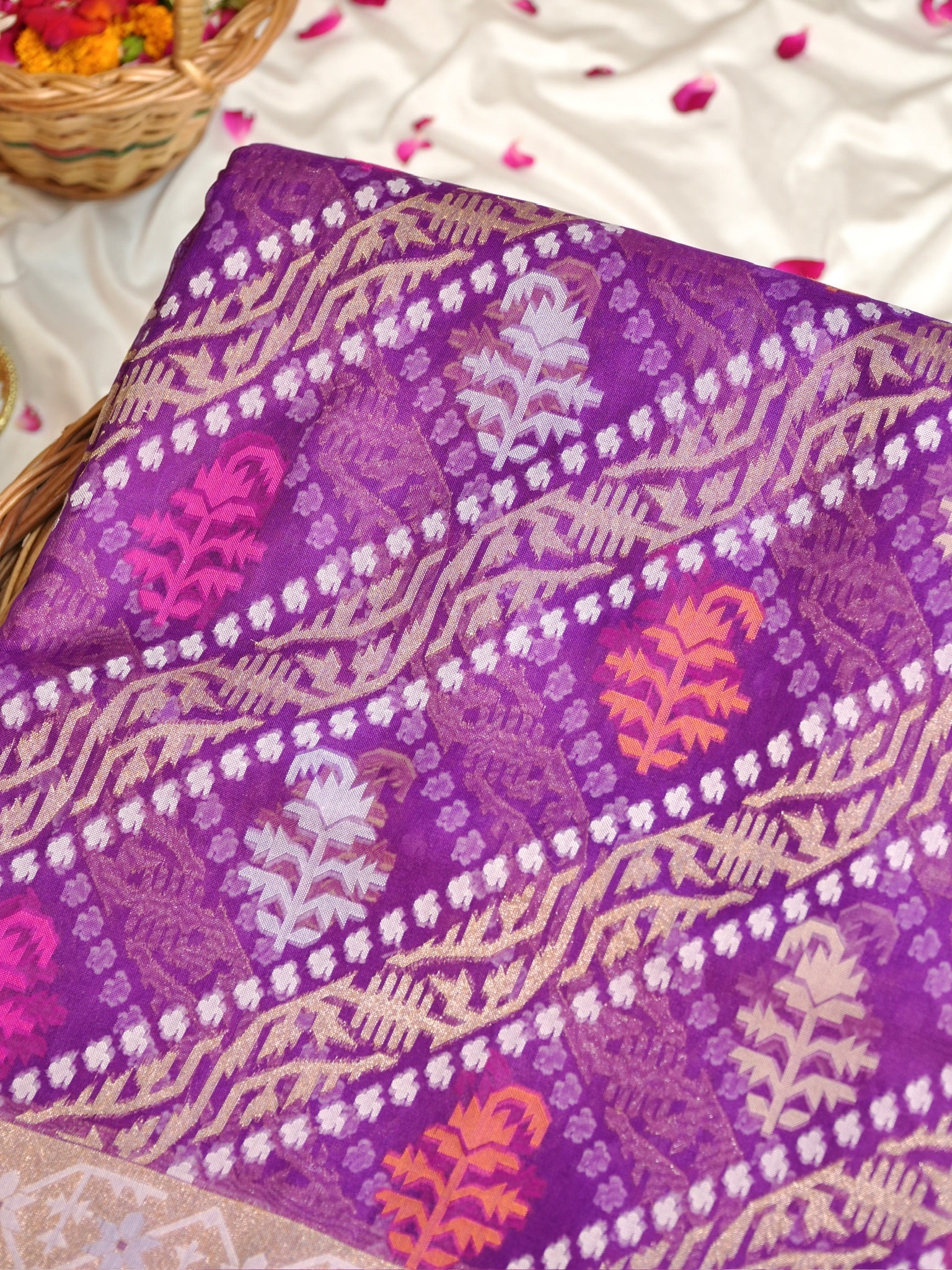 Purple Elegant Kora Jamdani Silk Saree | Handwoven Floral Zari Work