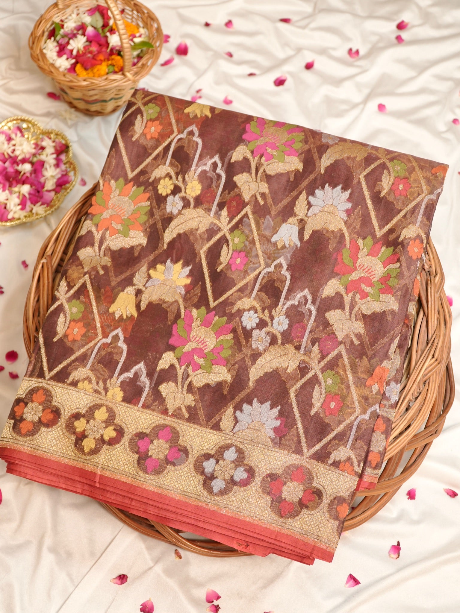 Brown Elegant Kora Jamdani Silk Saree | Handwoven Floral Zari Work