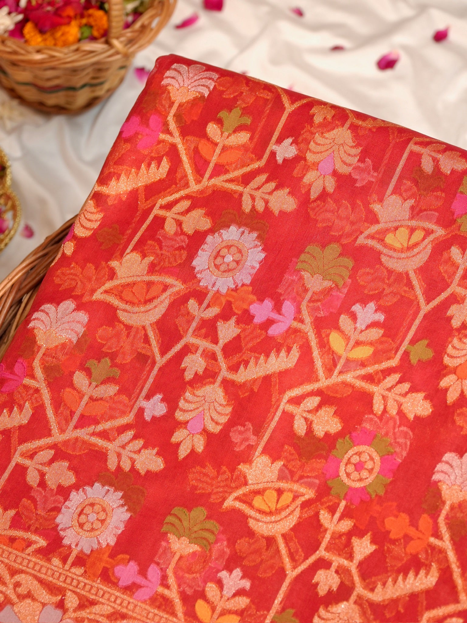 Rust Orange Elegant Kora Jamdani Silk Saree | Handwoven Floral Zari Work