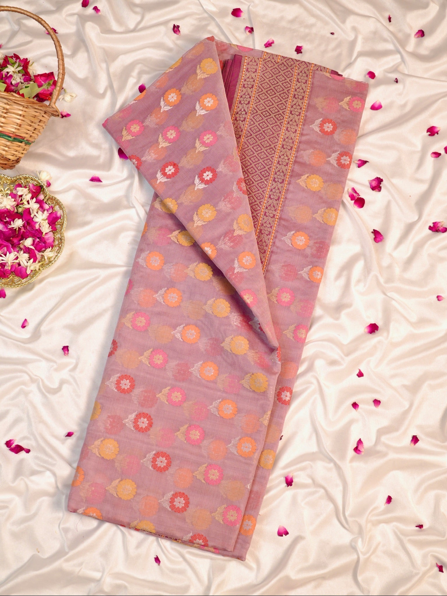 Dusty Rose Handwoven Organza Silk Saree with Floral Zari Borders