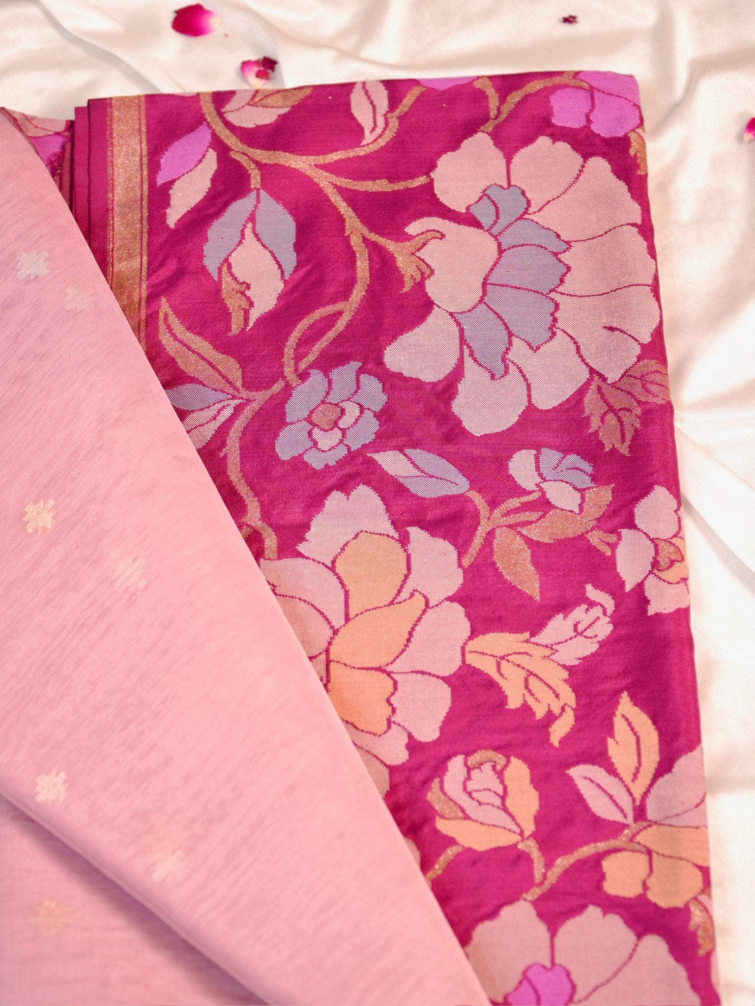 Blush Pink Handwoven Organza Silk Saree with Floral Zari Borders