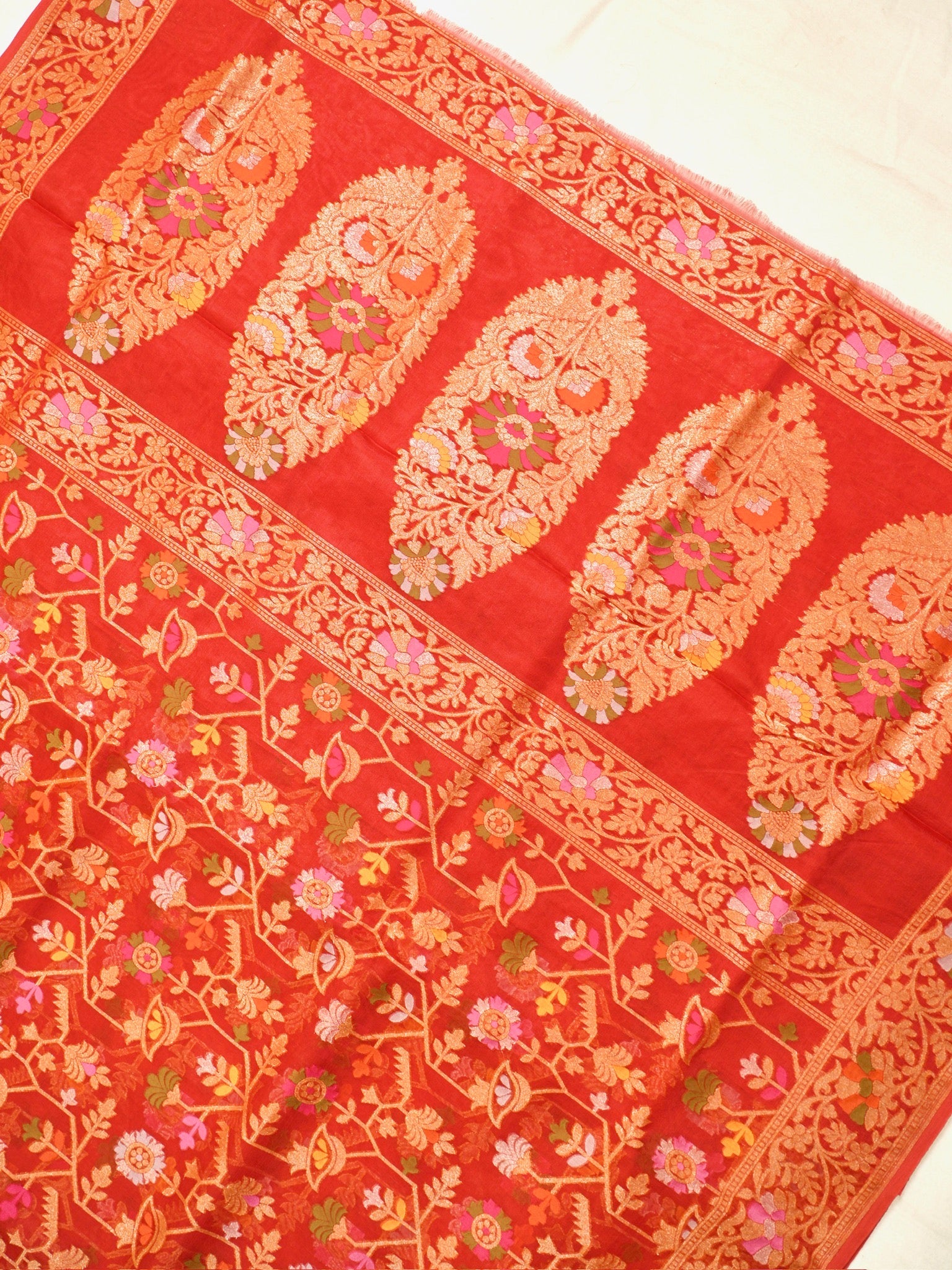 Rust Orange Elegant Kora Jamdani Silk Saree | Handwoven Floral Zari Work