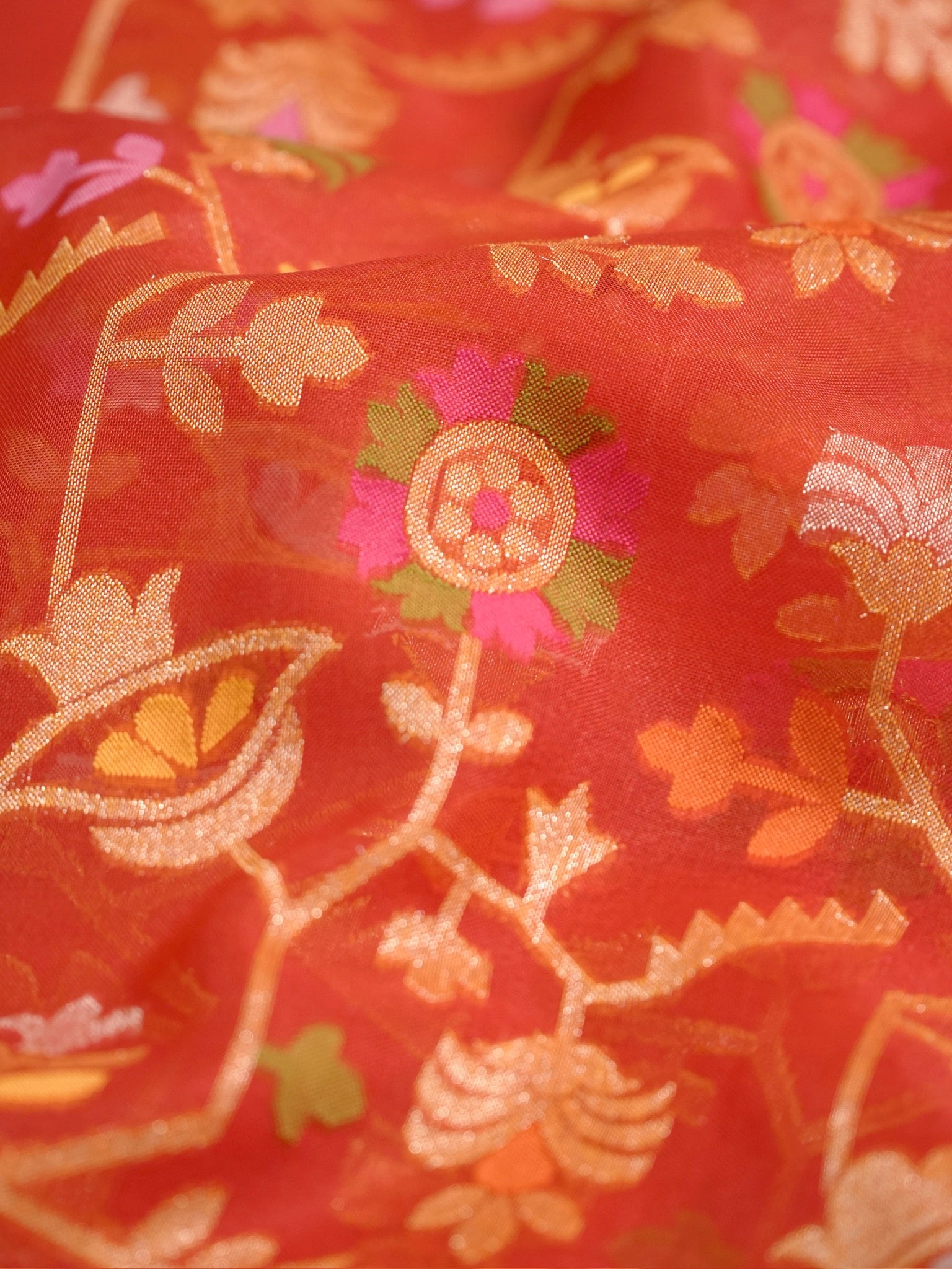 Rust Orange Elegant Kora Jamdani Silk Saree | Handwoven Floral Zari Work