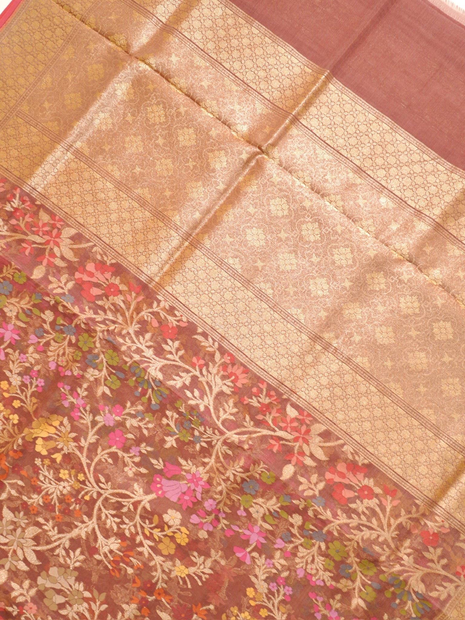 Brown Elegant Kora Jamdani Silk Saree | Handwoven Floral Zari Work