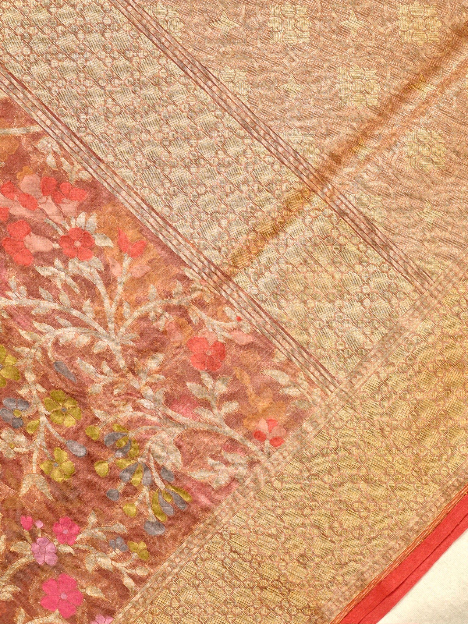 Brown Elegant Kora Jamdani Silk Saree | Handwoven Floral Zari Work