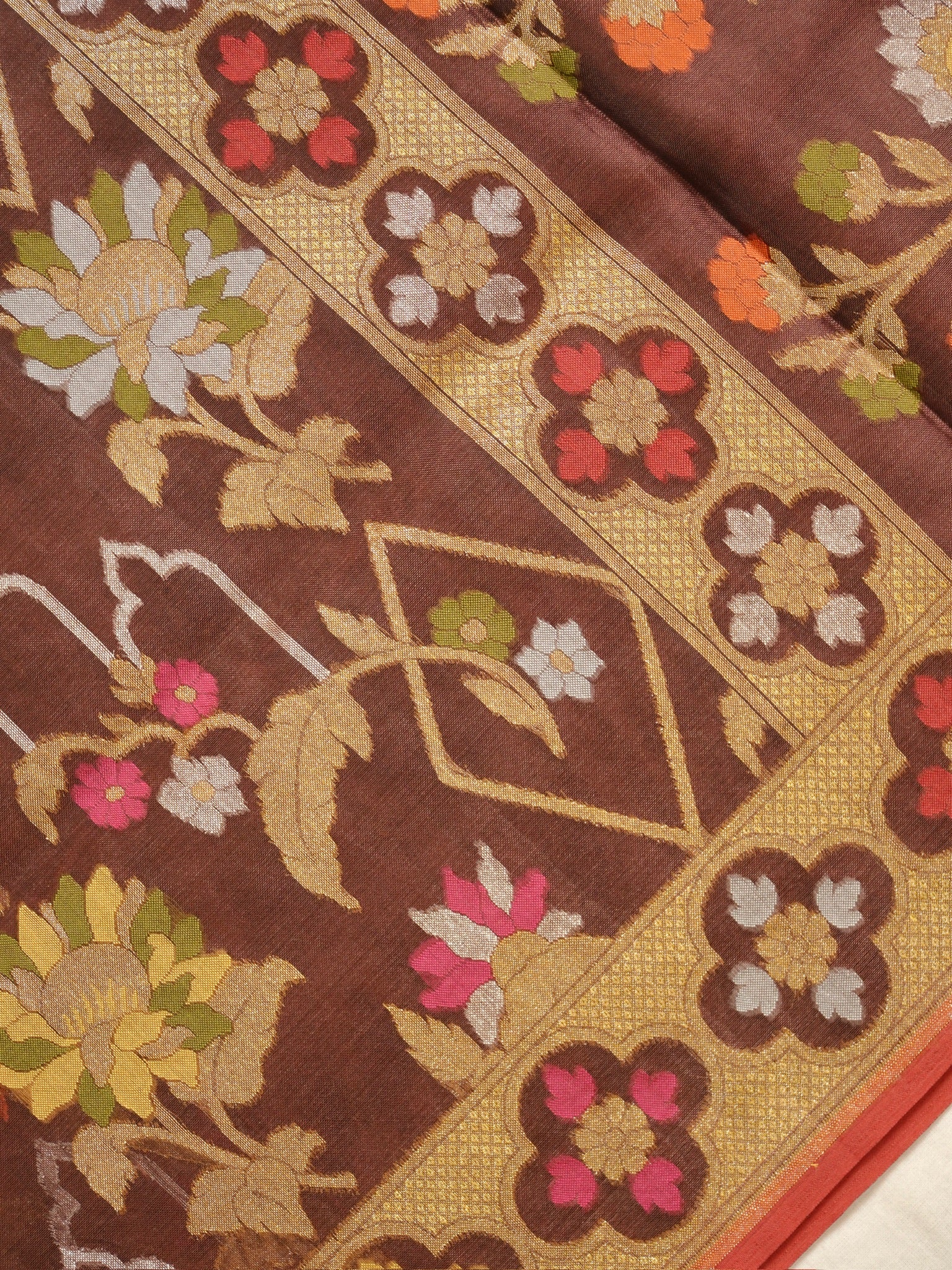 Brown Elegant Kora Jamdani Silk Saree | Handwoven Floral Zari Work