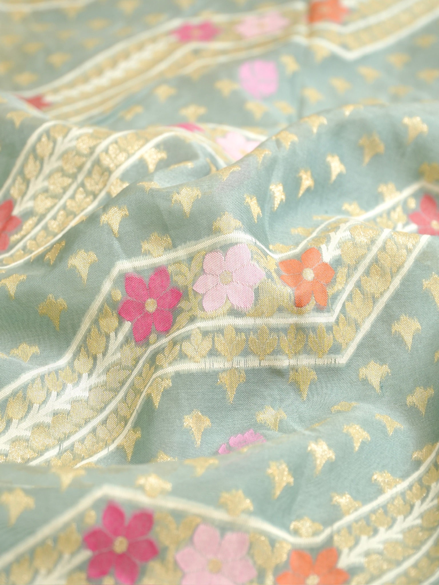 Sage Blue Elegant Kora Jamdani Silk Saree | Handwoven Floral Zari Work