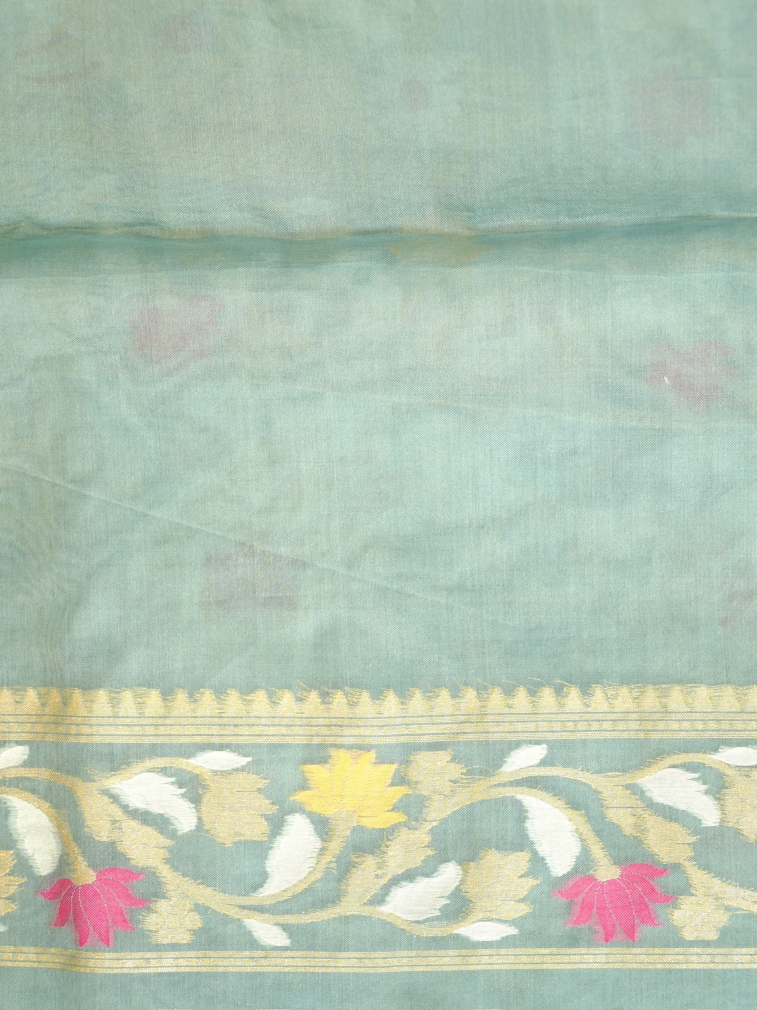 Sage Blue Elegant Kora Jamdani Silk Saree | Handwoven Floral Zari Work
