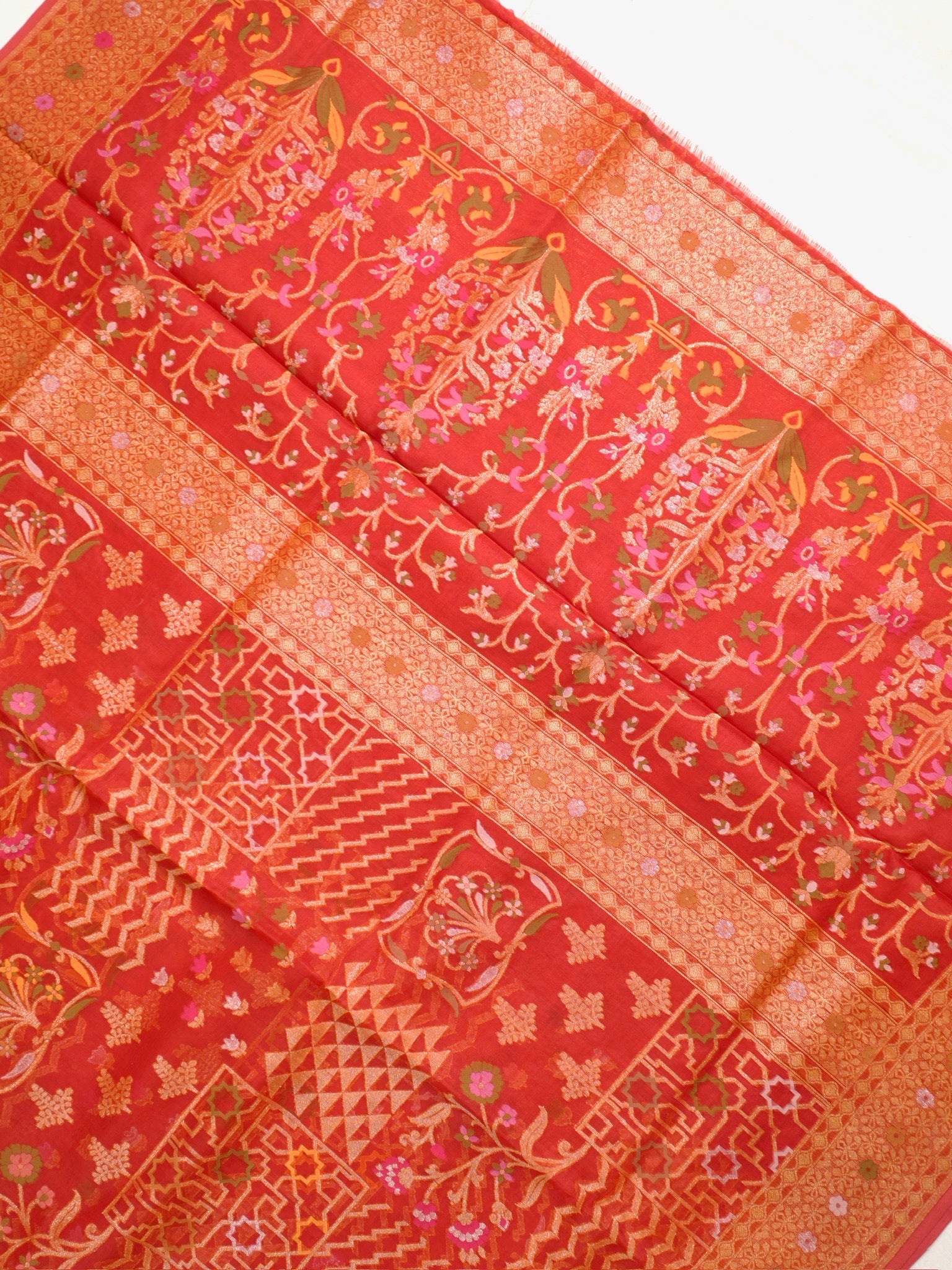 Rust Red Elegant Kora Jamdani Silk Saree | Handwoven Floral Zari Work