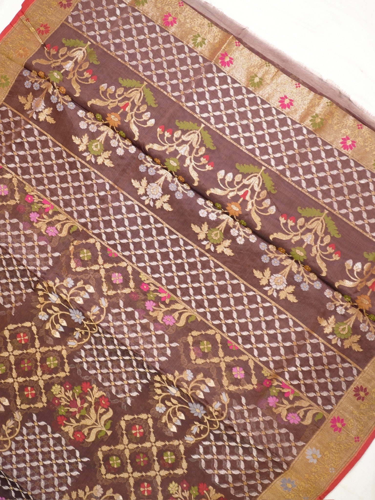 Brown Elegant Kora Jamdani Silk Saree | Handwoven Floral Zari Work
